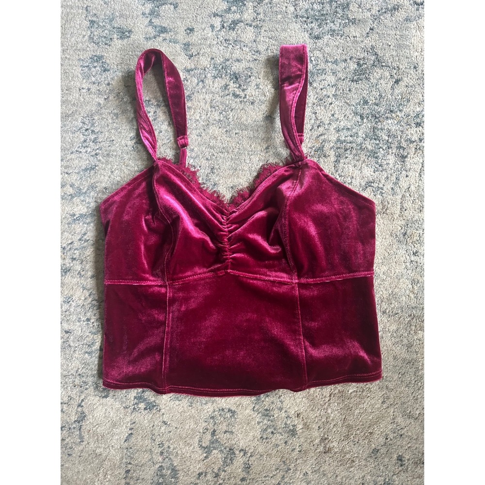 Abercrombie & Fitch Velvet Cami Women Medium Burgundy Lace Trim Smocked Crop Top